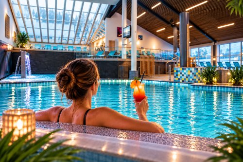 Frau und Kind sitzen am Poolrand, Kind hält orange Schwimmring.